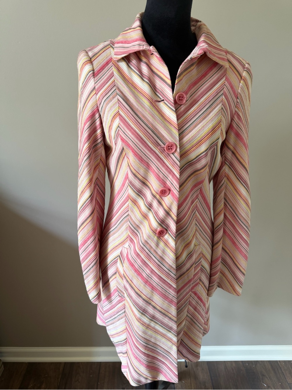 Parisian Signature Vintage Striped Pink Multi Button Lightweight  Coat Size 8